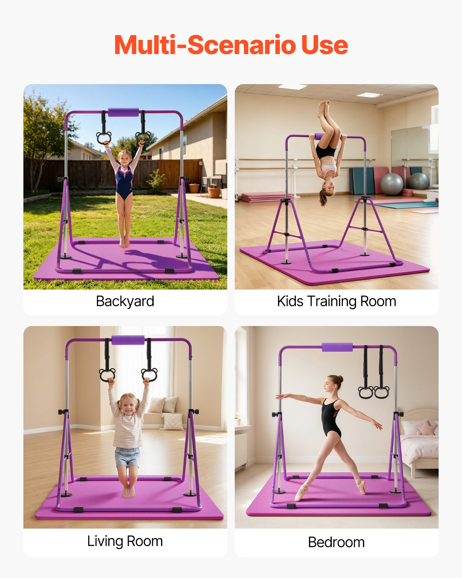 VEVOR Barra da Ginnastica per Bambini, Barra da Ginnastica Carico 63,5 kg Struttura Pieghevole con Tappetino Altezza Regolabile Allenamento Esercizio a Casa, Acciaio al Carbonio Nylon, Colore Viola