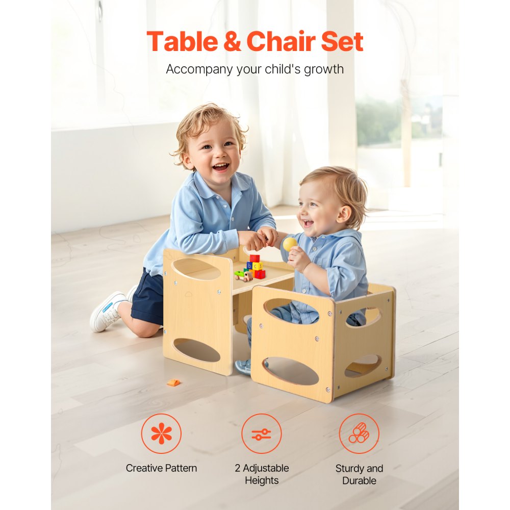 VEVOR Montessori Table and Chair Set for Toddlers (1 Table + 1 Chair) Made of Wood for 1-5 Year Olds, Height-Adjustable Activity Table and Play Table for Children, Ideal for Reading, Eating, and Playing – Natural