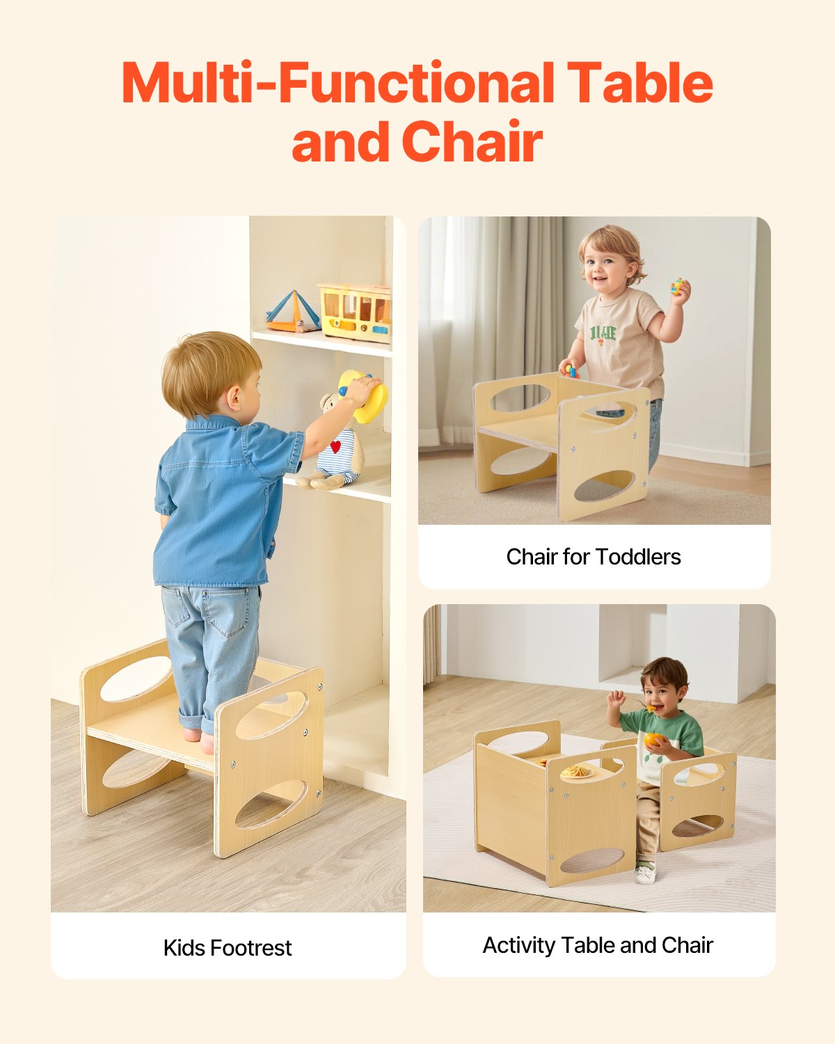 VEVOR Montessori Table and Chair Set for Toddlers (1 Table + 1 Chair) Made of Wood for 1-5 Year Olds, Height-Adjustable Activity Table and Play Table for Children, Ideal for Reading, Eating, and Playing – Natural
