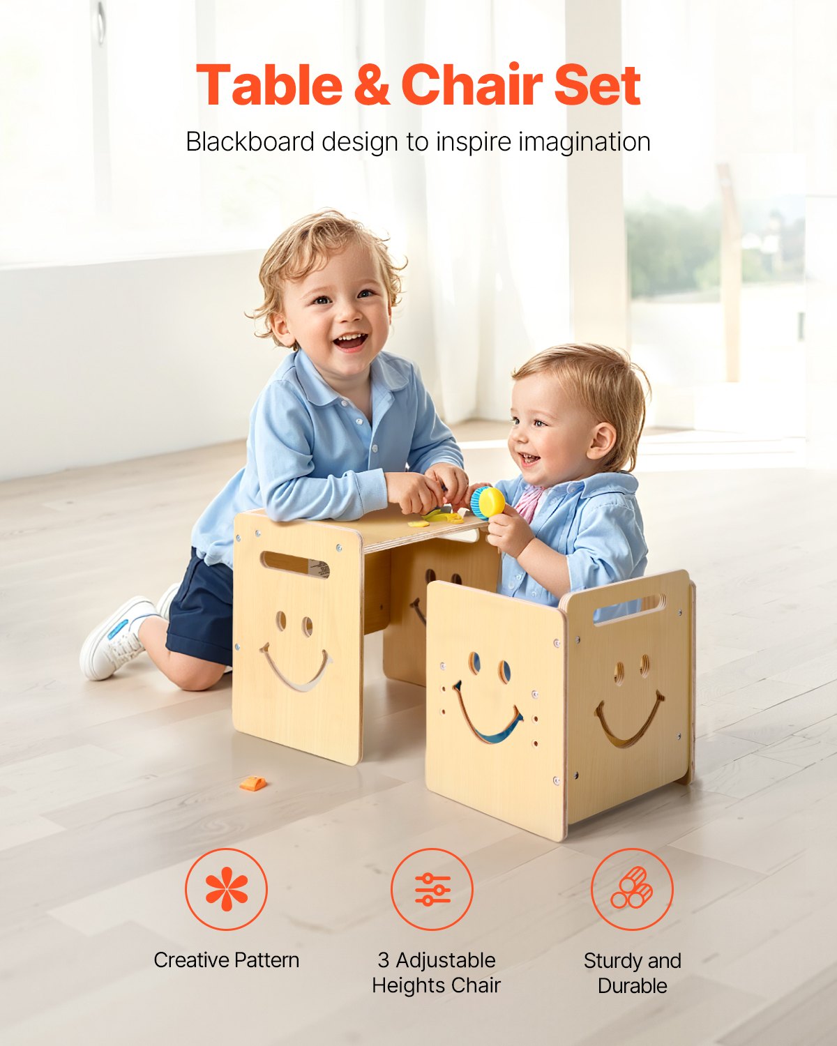 VEVOR Set Tavolo e Sedia per lo Svezzamento, Set Tavolo e Sedia in Legno per Bambini 424 x 300 x 385 mm, Sgabello Regolabile Altezza 345 mm, Seggiola per Leggere, Mangiare, Legno Naturale