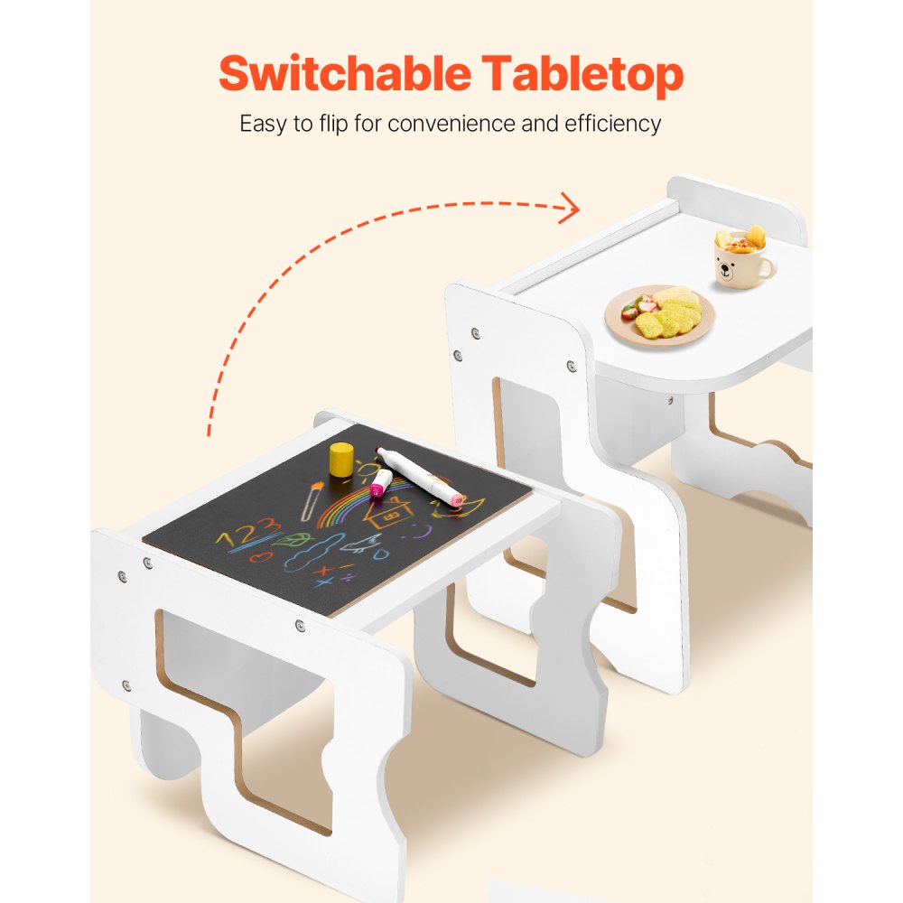 VEVOR Set Tavolo e Sedia per lo Svezzamento, Tavola e Sedia in Legno Resistente per Bambini Piccoli con 2 Sedie, Sgabello Regolabile a 3 Livelli, Sedia per Leggere, Mangiare, Legno Naturale