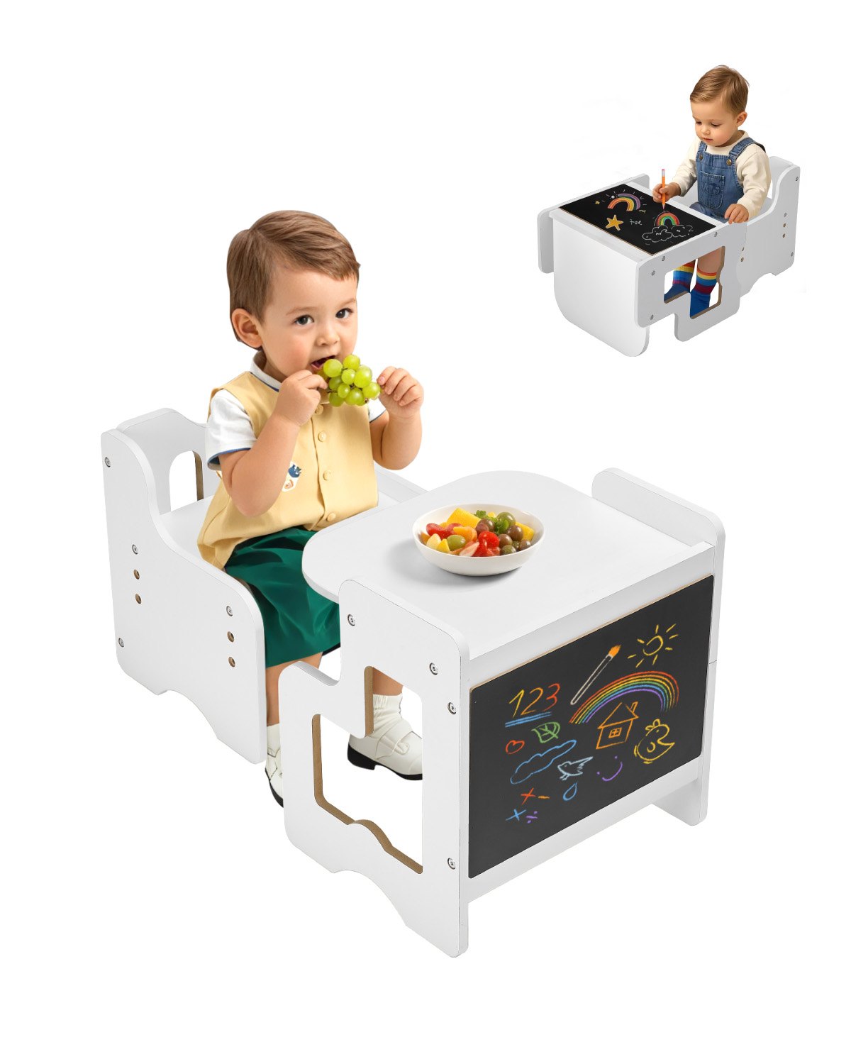 VEVOR Set Tavolo e Sedia per lo Svezzamento, Tavola e Sedia in Legno Resistente per Bambini Piccoli con 2 Sedie, Sgabello Regolabile a 3 Livelli, Sedia per Leggere, Mangiare, Legno Naturale