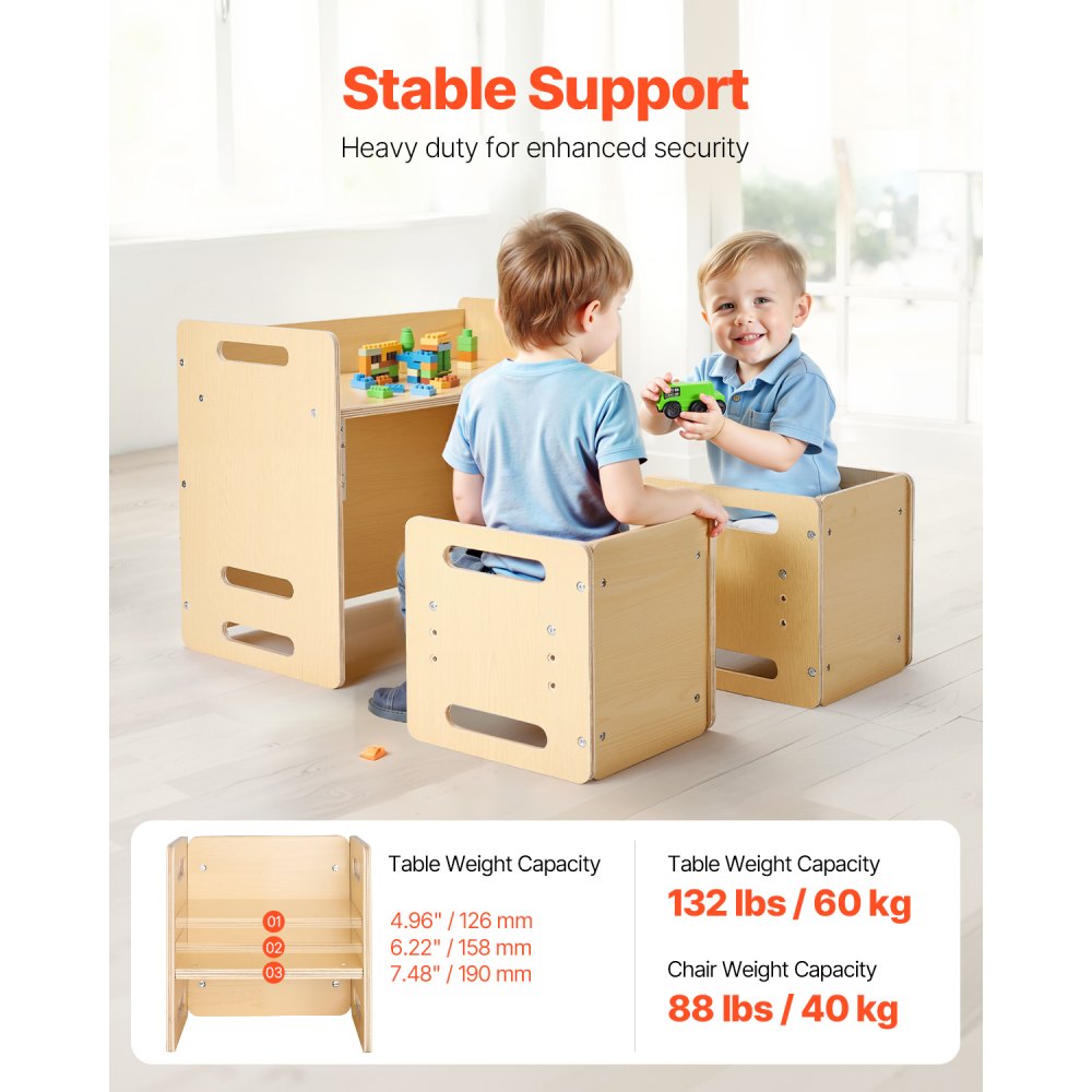 VEVOR Set Tavolo e Sedia per lo Svezzamento, Set Tavola in Legno per Bambini 665 x 360 x 520 mm, Sgabello Regolabile Altezza a 3 Livelli, Sedia per Leggere, Mangiare, Legno Naturale