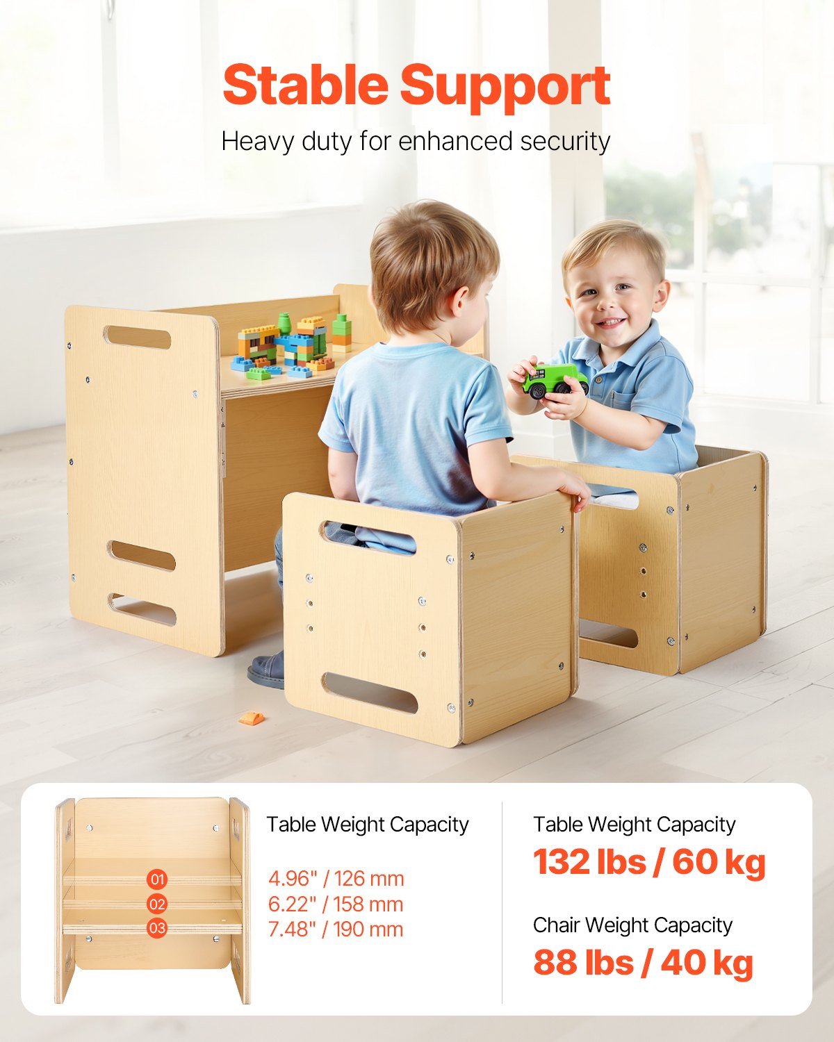 VEVOR Set Tavolo e Sedia per lo Svezzamento, Set Tavola in Legno per Bambini 665 x 360 x 520 mm, Sgabello Regolabile Altezza a 3 Livelli, Sedia per Leggere, Mangiare, Legno Naturale