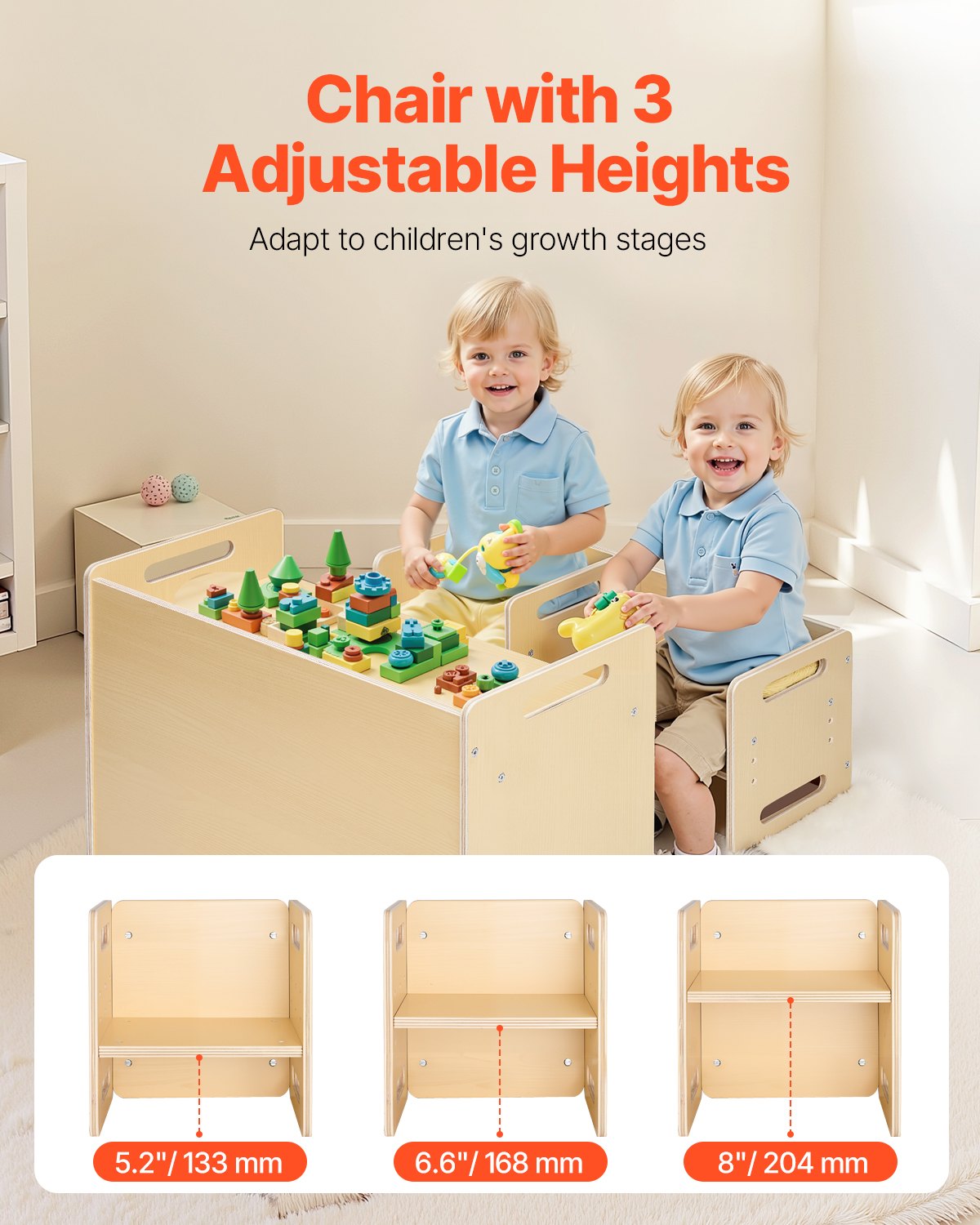 VEVOR Set Tavolo e Sedia per lo Svezzamento, Set Tavola in Legno per Bambini 665 x 360 x 520 mm, Sgabello Regolabile Altezza a 3 Livelli, Sedia per Leggere, Mangiare, Legno Naturale