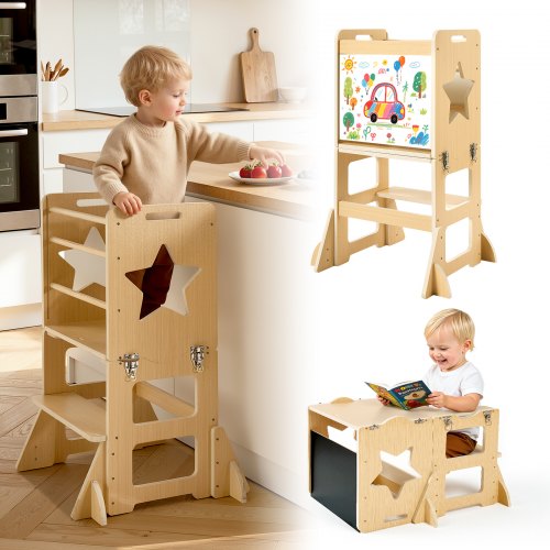 VEVOR Set Tavolo e Sedia Montessori per Svezzamento, Torre di Apprendimento con Lavagna, Multifunzioni 4 in 1, in Legno, per Bagno e Bancone Cucina Divertimento Attività Bambini in Fase di Crescita