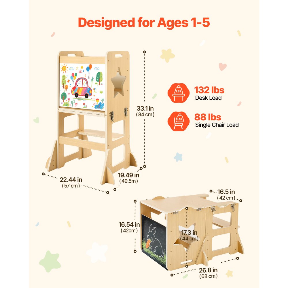 VEVOR Set Tavolo e Sedia Montessori per Svezzamento, Torre di Apprendimento con Lavagna, Multifunzioni 4 in 1, in Legno, per Bagno e Bancone Cucina Divertimento Attività Bambini in Fase di Crescita