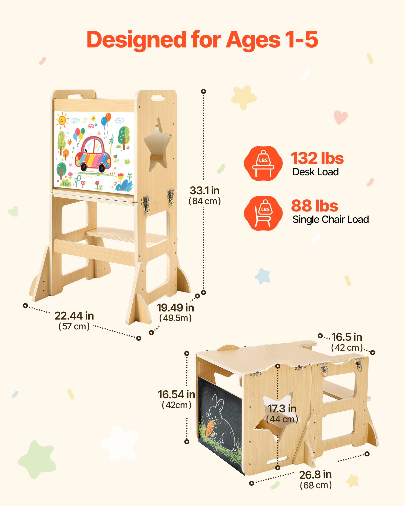 VEVOR Set Tavolo e Sedia Montessori per Svezzamento, Torre di Apprendimento con Lavagna, Multifunzioni 4 in 1, in Legno, per Bagno e Bancone Cucina Divertimento Attività Bambini in Fase di Crescita