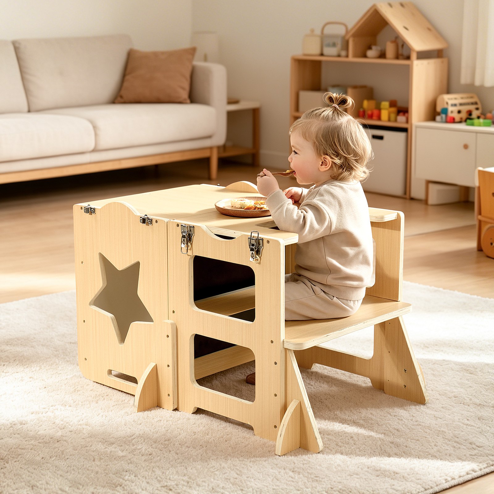 VEVOR Set Tavolo e Sedia Montessori per Svezzamento, Torre di Apprendimento con Lavagna, Multifunzioni 4 in 1, in Legno, per Bagno e Bancone Cucina Divertimento Attività Bambini in Fase di Crescita