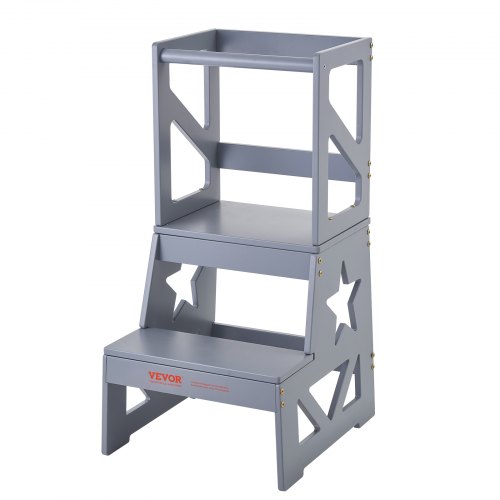 VEVOR Sgabello per Bambini Carico max. 68kg Scaletta d'Apprendimento in Legno con Ringhiera di Sicurezza, Scaletta Torre Alzabimbo 864x389x486 mm da Cameretta Cucina Bagno Soggiorno per Bimbi Grigio