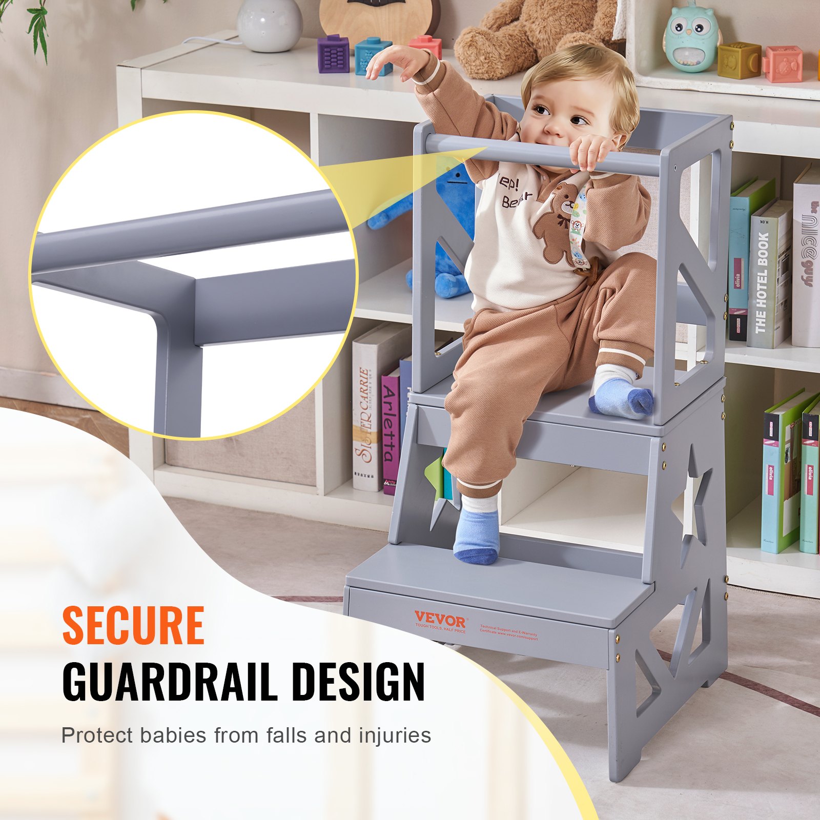 VEVOR Sgabello per Bambini Carico max. 68kg Scaletta d'Apprendimento in Legno con Ringhiera di Sicurezza, Scaletta Torre Alzabimbo 864x389x486 mm da Cameretta Cucina Bagno Soggiorno per Bimbi Grigio