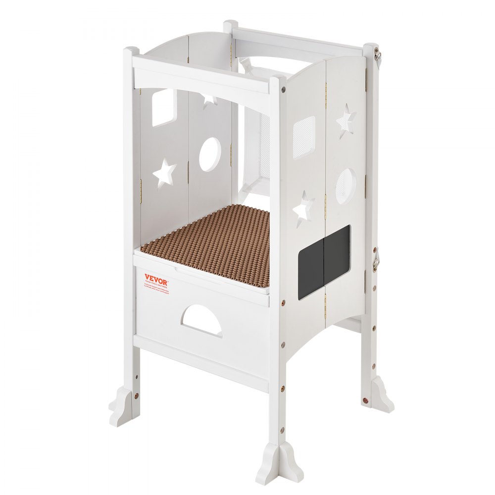 VEVOR Sgabello Bambini Carico max. 56,75 kg Scaletta d'Apprendimento in Legno, Rete di Sicurezza a 3 Altezze, Scaletta Torre Alzabimbo 510x540x942 mm da Cameretta Cucina Bagno Soggiorno Bimbi Bianco
