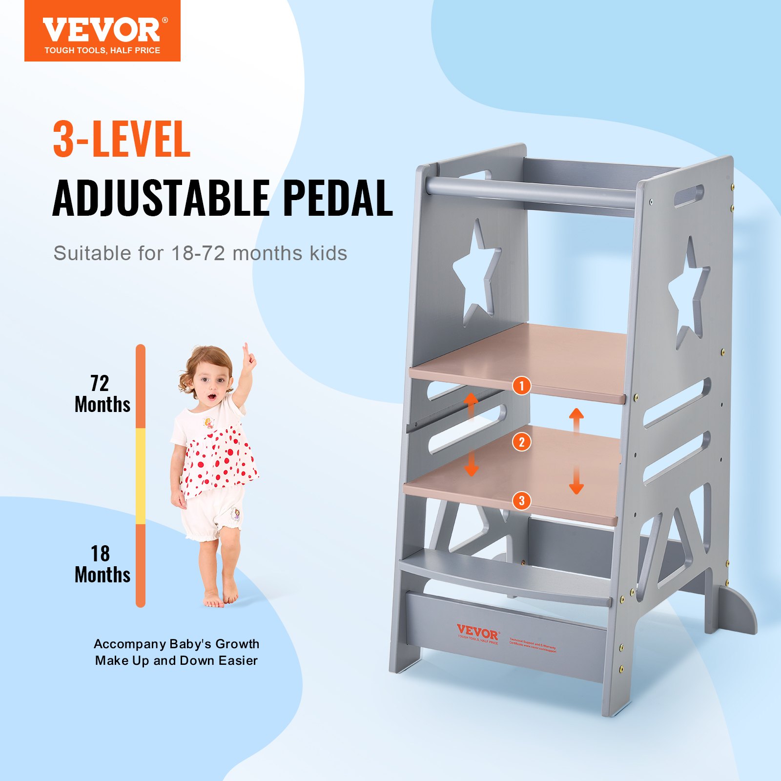 VEVOR Sgabello Bambini Carico max. 158kg Scaletta d'Apprendimento in Legno, Rete di Sicurezza a 3 Altezze, Scaletta Torre Alzabimbo 844 x 553 x 482 mm da Cameretta Cucina Bagno Soggiorno Bimbi Grigio