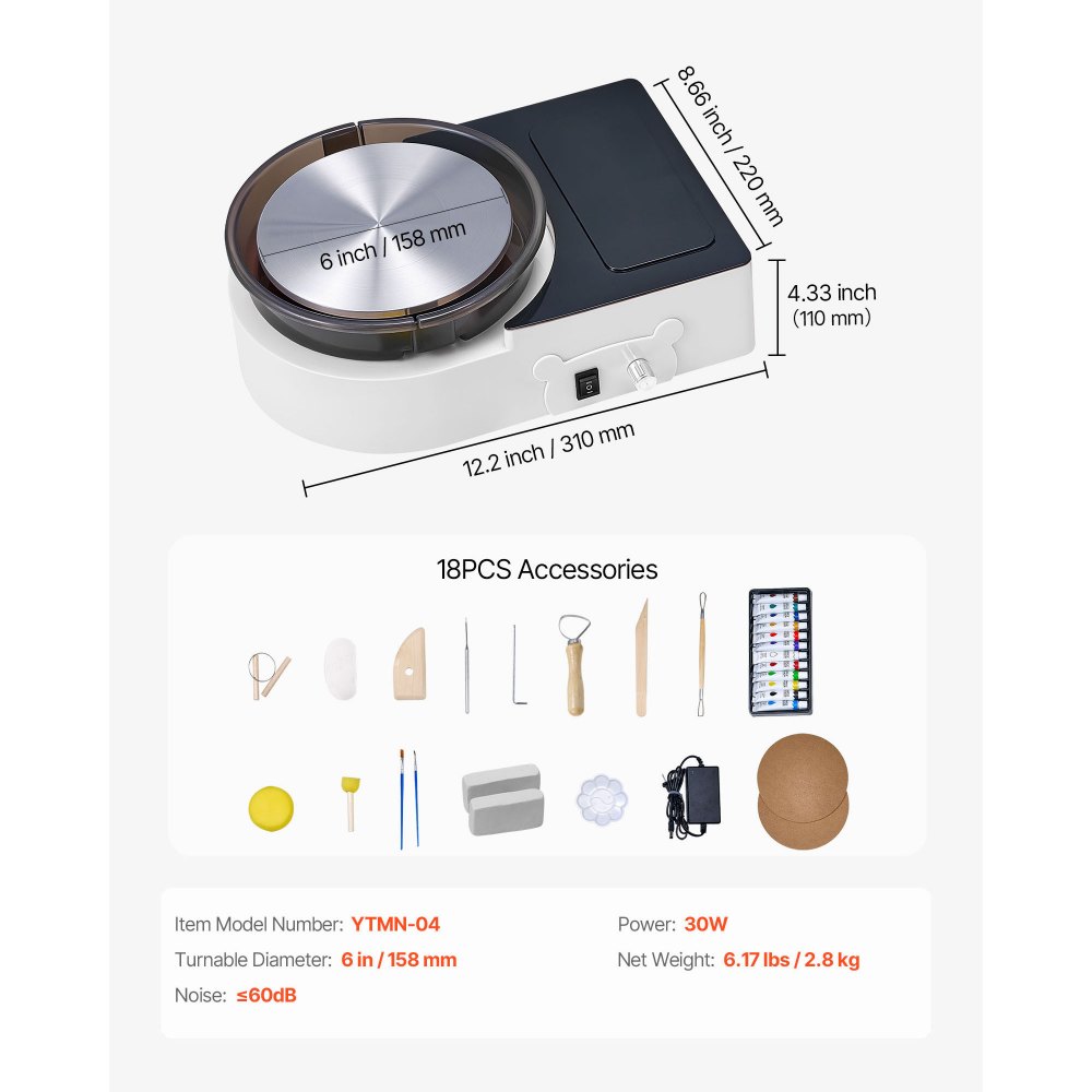 VEVOR Mini Tornio per Ceramica, 158 mm, Piatto Girevole Velocità di Rotazione Regolabile, Tornio Elettrico per Argilla con Strumenti per Modellare l'Argilla, Adatto per Corsi di Ceramica Fai-da-te