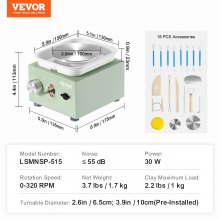 VEVOR Mini Ruota in Ceramica 0-320 Giri/min Mini Tornio di Ceramica Verde 18 PZ