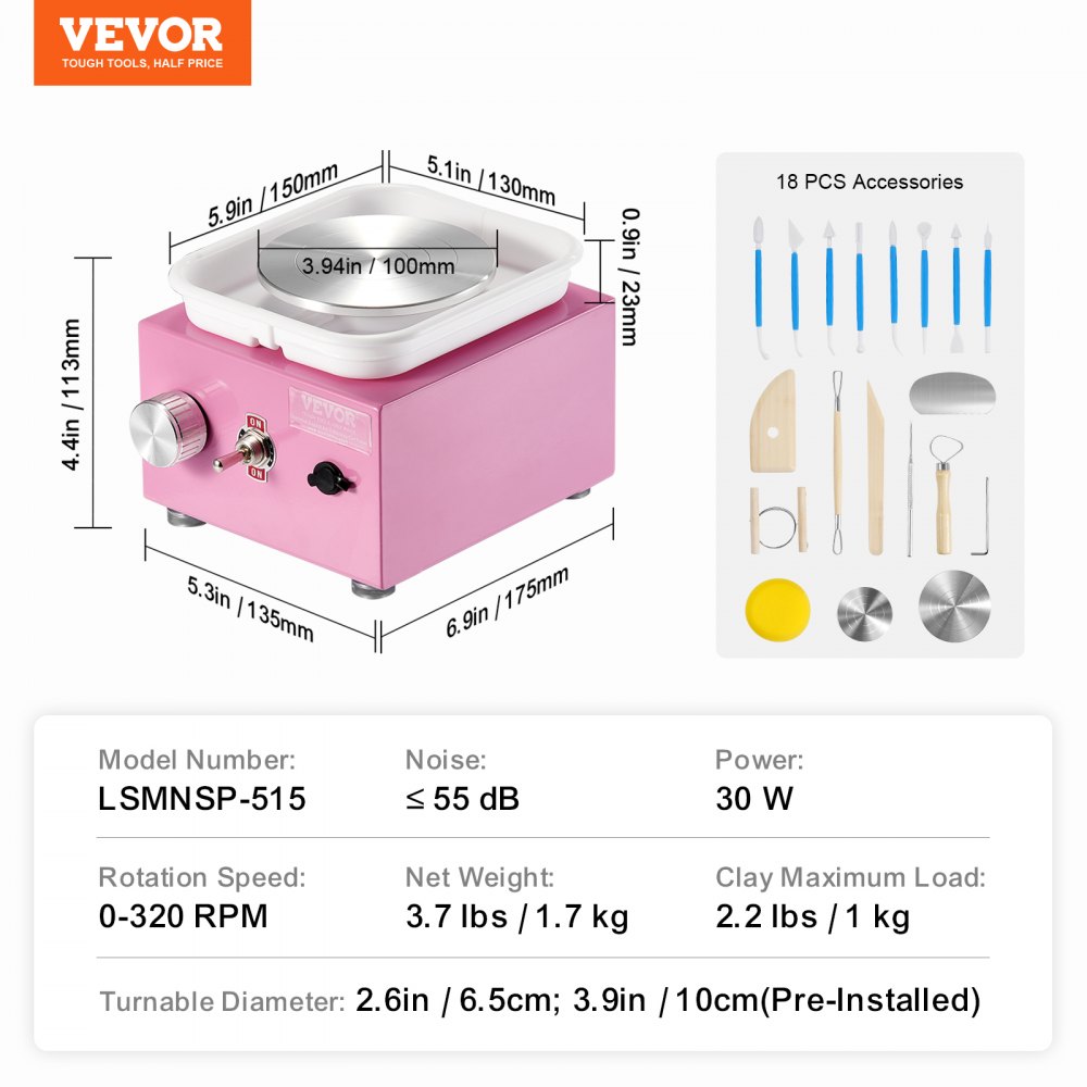 VEVOR Mini Pottery Wheel, 0-320 RPM, Adjustable Speed, Detachable Basin Forming Machine, 2.56 in/3.94 in, 2 Turntables, Electric Ceramic Pottery Wheel, 18-Piece Accessory Set, for Arts and Crafts, DIY, Pink
