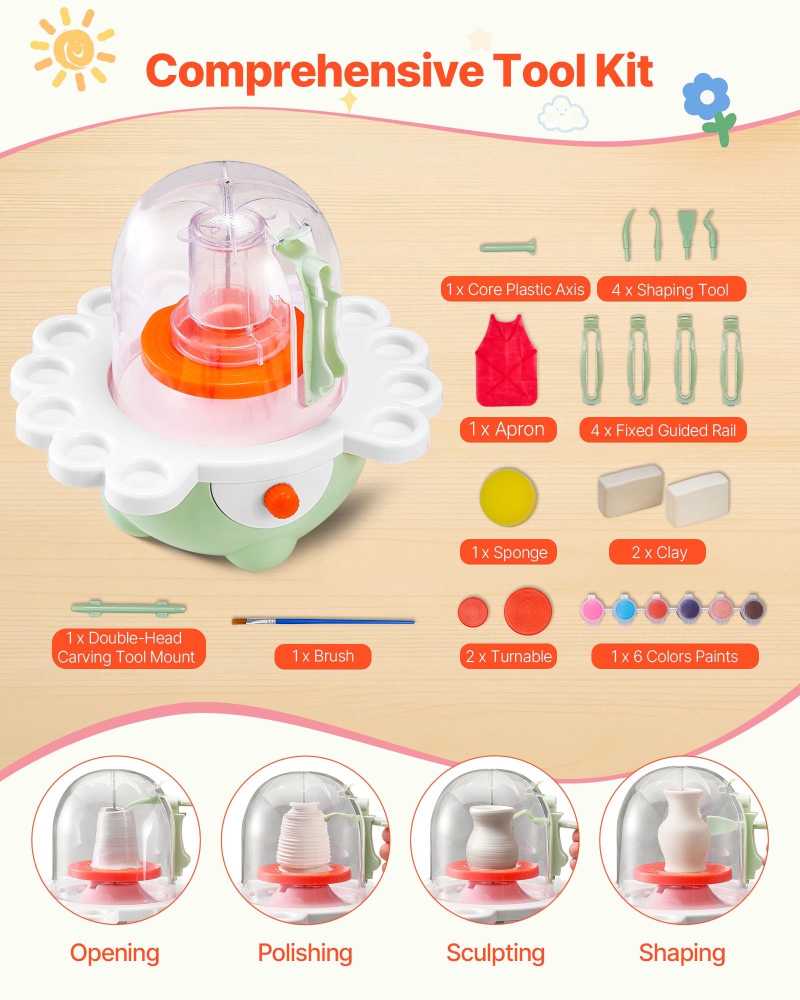 VEVOR Mini Tornio per Ceramica Piatto Girevole da 50/80 mm Velocità Regolabile, Tornio per Argilla per Principianti, Set Completo per Ceramica Strumenti per Scultura dell'Argilla, Fai-da-te, Verde