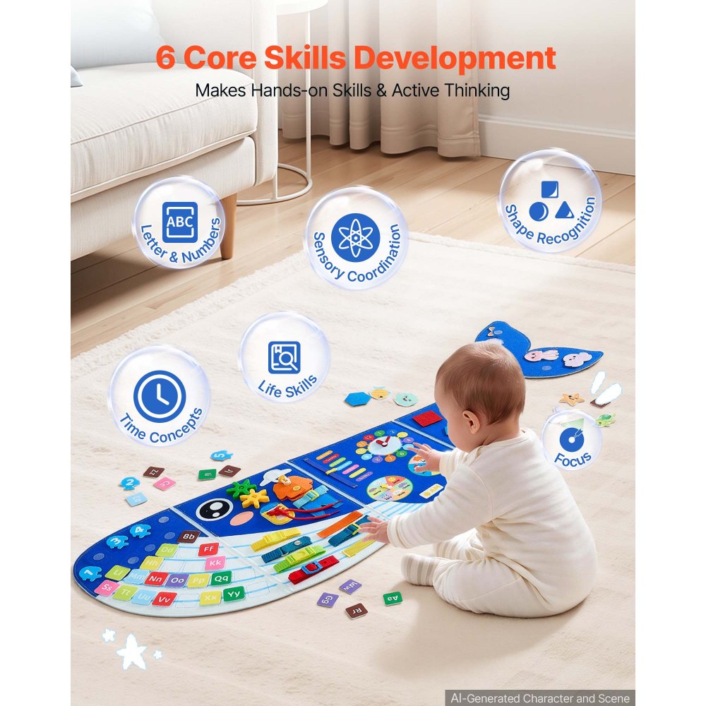 VEVOR Pannello Attività da Parete in Feltro, Orca Montessori Pieghevole, Gioco Sensoriale Educativo 12 in 1 con Numeri, Lettere, Animali e Forme, per Viaggio, Asilo Nido, Aula, Sala Giochi e Casa