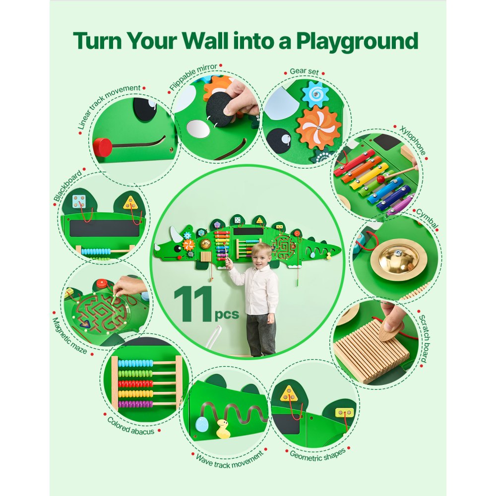 VEVOR Dinosaur Activity Wall, Motor Skills Board, 11 Games, Montessori Sensory Play Board for Children 3-12 Years Old, Learning Activity Center, Ideal for Children's Playrooms, Kindergartens, Classrooms