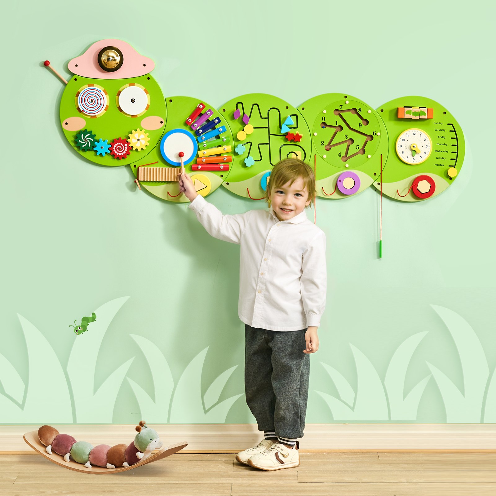 VEVOR Pannelli da Parete per Attività con Bruco, 12Attività, Giocattolo Sensoriale da Parete per Bambini, Attività di Apprendimento Montessori, per Sala Giochi, Asilo Nido 1397 x 425 x 53 mm