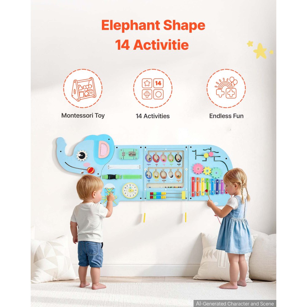 VEVOR Pannello Attività da Parete in Legno, Elefante Montessori 14 in 1, Pannello Sensoriale Educativo 14 in 1 in Legno per Asilo Nido, Aula, Sala Giochi e Casa, con Accessori di Montaggio Comodi