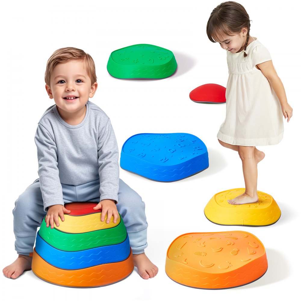 VEVOR Pietre di Equilibrio per Bambini 5 Pezzi, Pietre Sensoriali Antiscivolo per Bambini Piccoli, Fino a 100 kg Percorso a Ostacoli, Gioco di Coordinazione, Giocattoli per Interni Esterni per Bambini