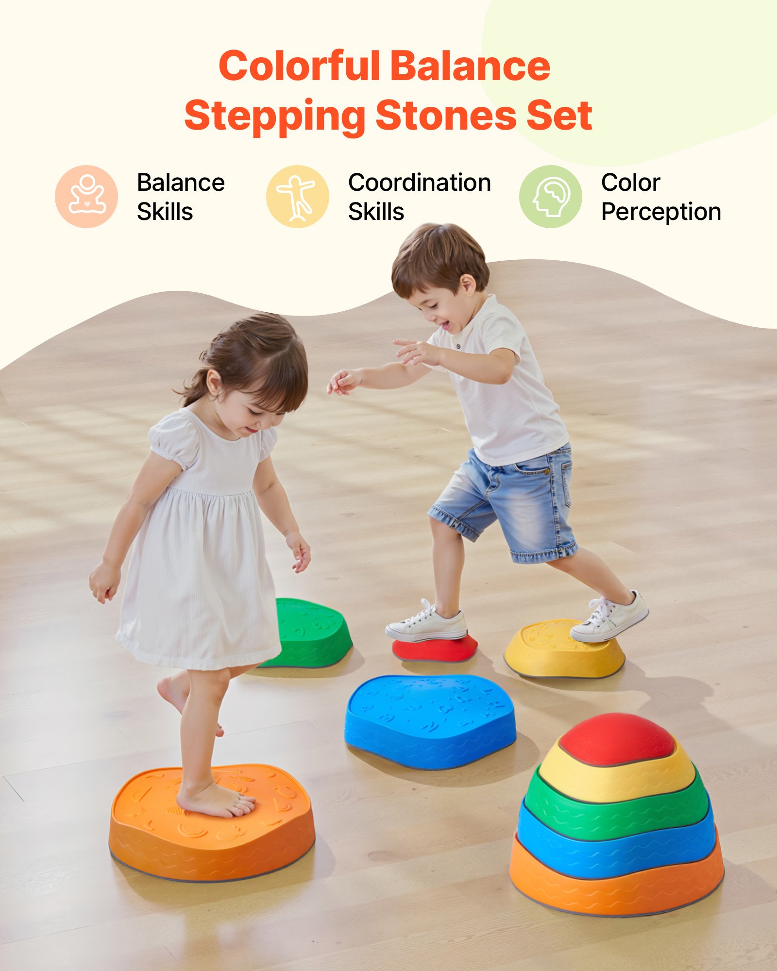 VEVOR Pietre di Equilibrio per Bambini 5 Pezzi, Pietre Sensoriali Antiscivolo per Bambini Piccoli, Fino a 100 kg Percorso a Ostacoli, Gioco di Coordinazione, Giocattoli per Interni Esterni per Bambini