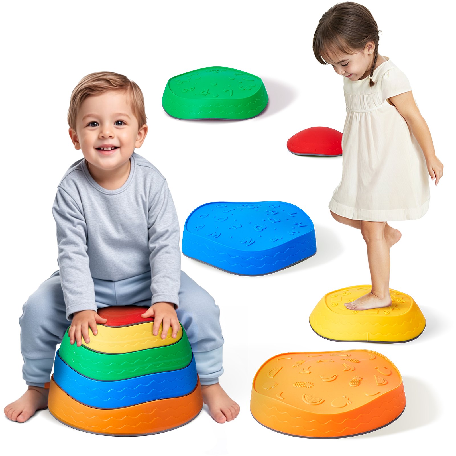 VEVOR Pietre di Equilibrio per Bambini 5 Pezzi, Pietre Sensoriali Antiscivolo per Bambini Piccoli, Fino a 100 kg Percorso a Ostacoli, Gioco di Coordinazione, Giocattoli per Interni Esterni per Bambini