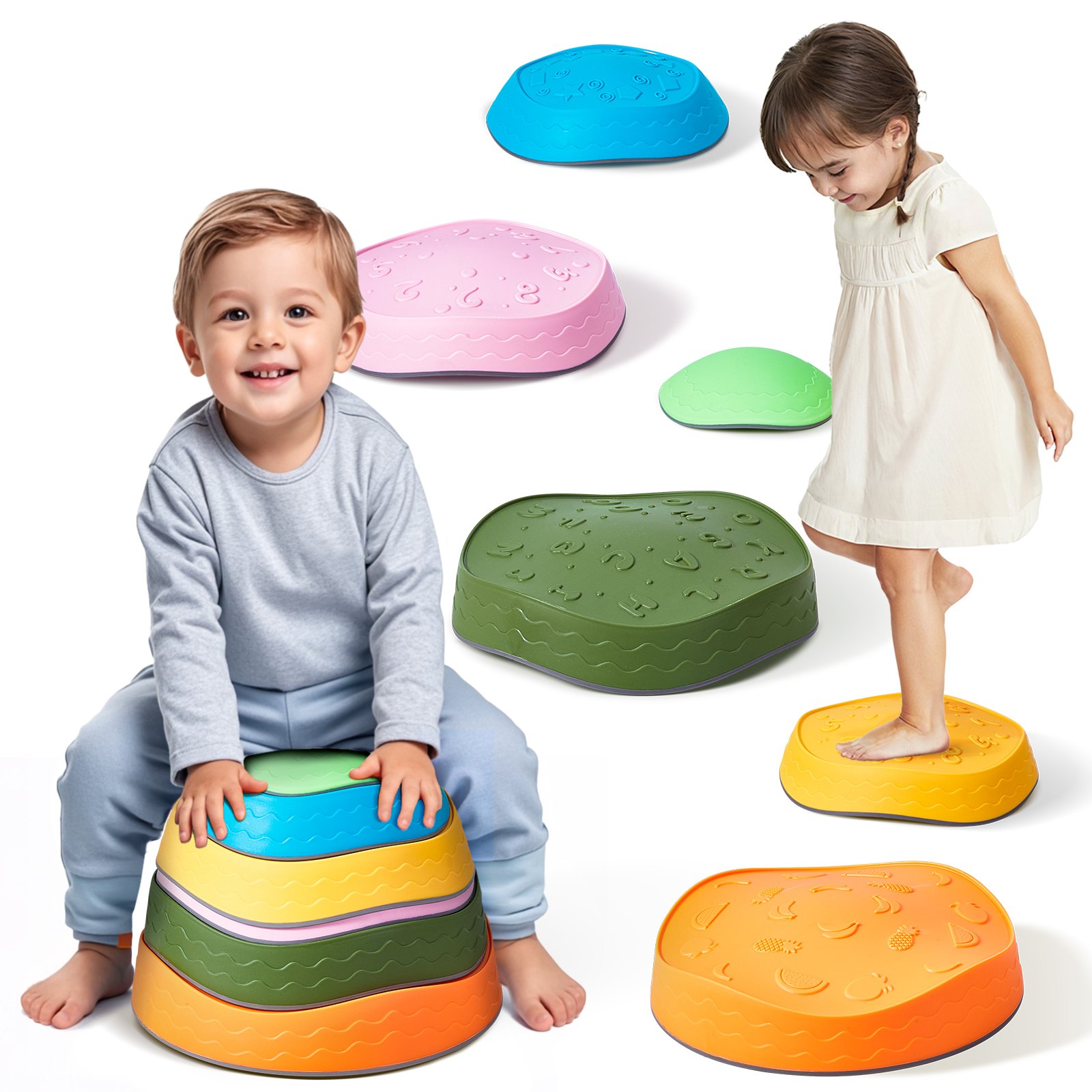 VEVOR Pietre di Equilibrio per Bambini 6 Pezzi, Pietre Sensoriali Antiscivolo per Bambini Piccoli, Fino a 100 kg Percorso a Ostacoli, Gioco di Coordinazione, Giocattoli per Interni Esterni per Bambini