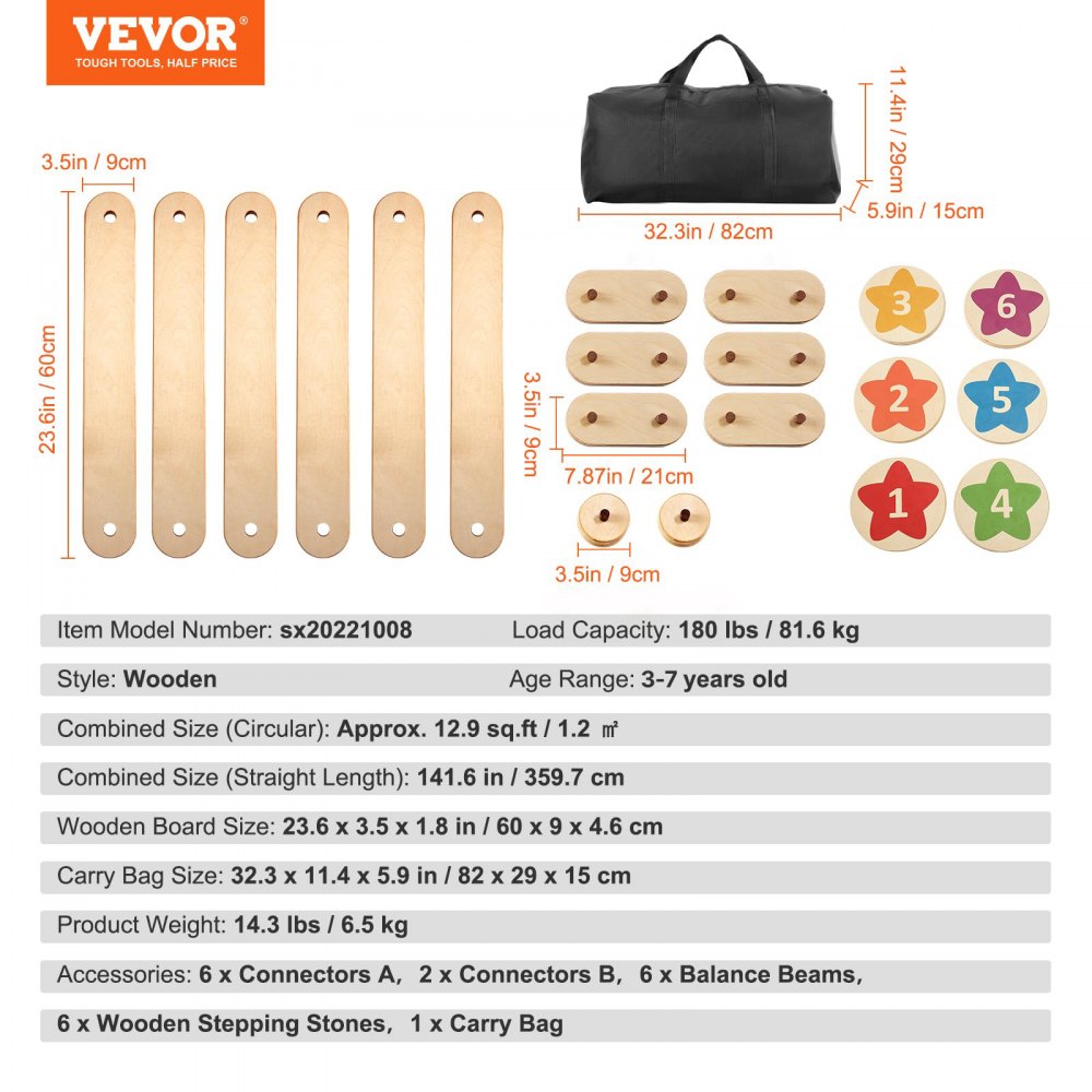 VEVOR Balance Beam Stepping Stones, 6-Piece Wooden Balance Boards for Toddlers, Montessori Toy for Children 2-6 Years Old, Promotes Coordination and Gross Motor Skills, Indoor and Outdoor Gymnastics Course, Gift for Girls and Boys