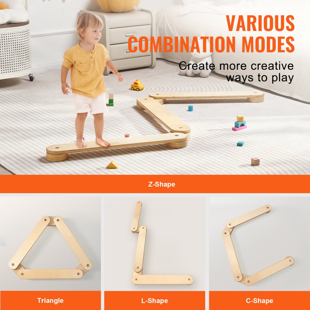 VEVOR Balance Beam Stepping Stones, 3-Piece Wooden Balance Boards for Toddlers, Montessori Toy for Children 2-6 Years Old, Promotes Coordination and Gross Motor Skills, Indoor and Outdoor Gymnastics Course, Gift for Girls and Boys