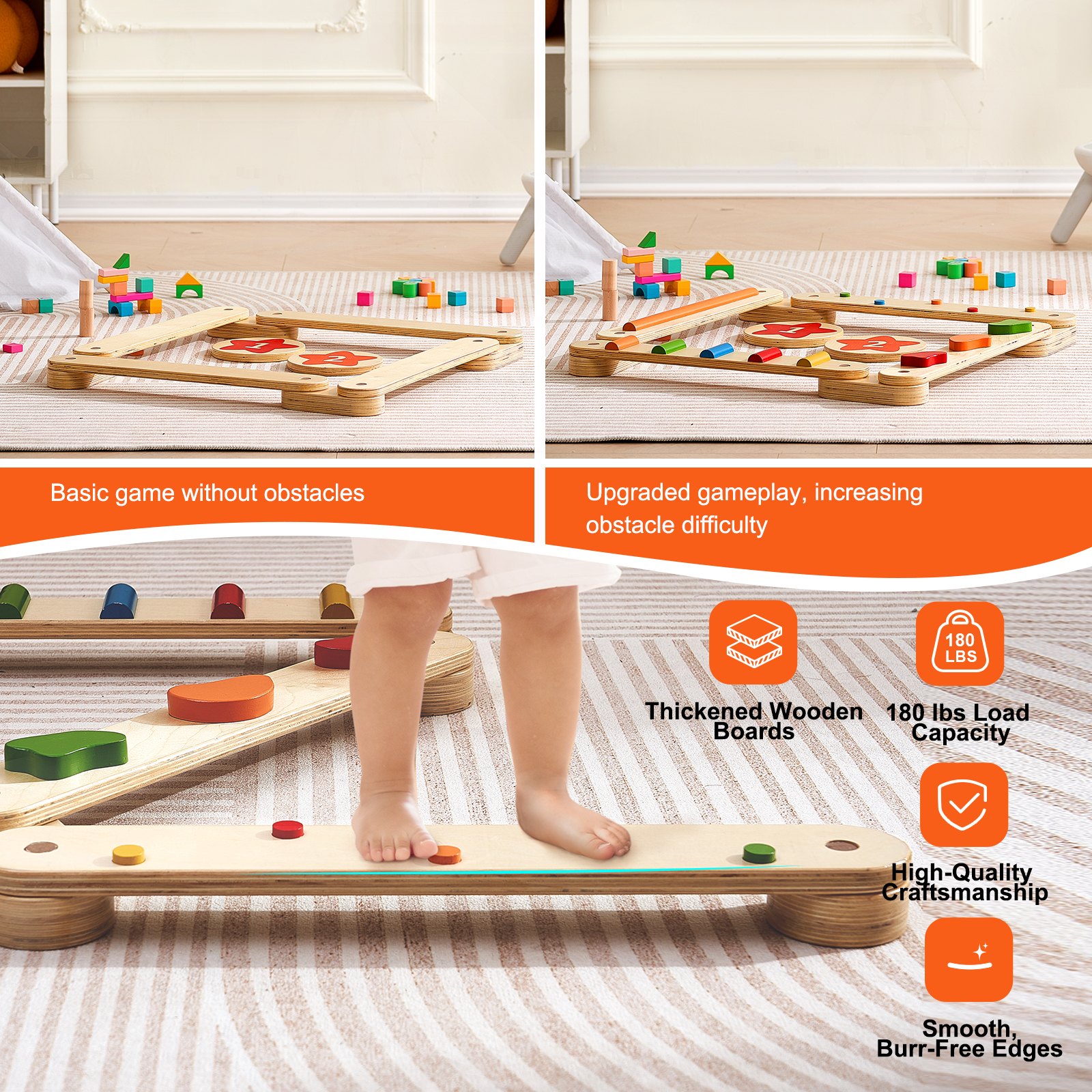 VEVOR Balance Beam Stepping Stones, 6-Piece Wooden Balance Boards for Toddlers, Montessori Toy for Children 2-6 Years Old, Promotes Coordination and Gross Motor Skills, Gymnastics Obstacle Course for Indoor and Outdoor Use, for Girls and Boys