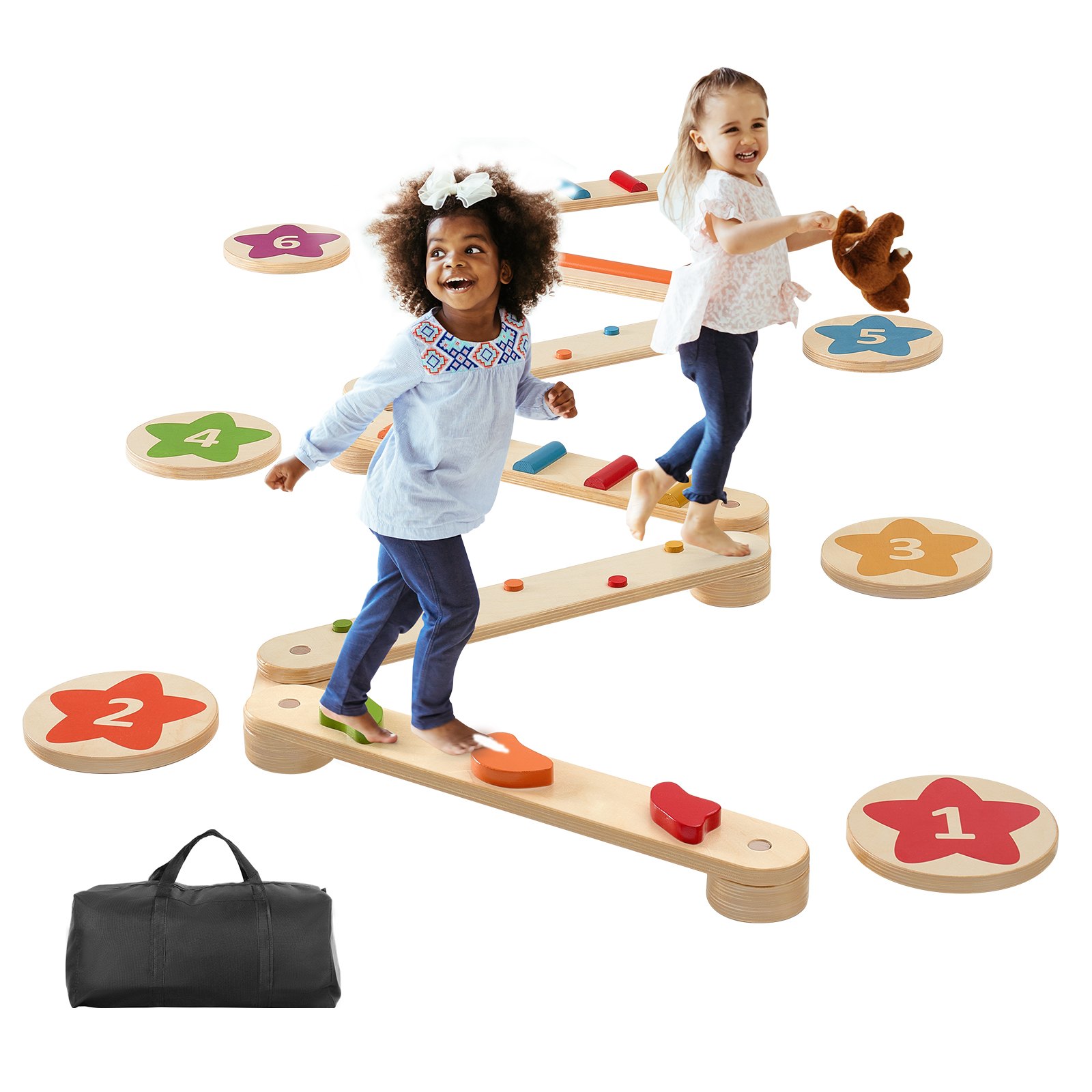 VEVOR Balance Beam Stepping Stones, 6-Piece Wooden Balance Boards for Toddlers, Montessori Toy for Children 2-6 Years Old, Promotes Coordination and Gross Motor Skills, Gymnastics Obstacle Course for Indoor and Outdoor Use, for Girls and Boys