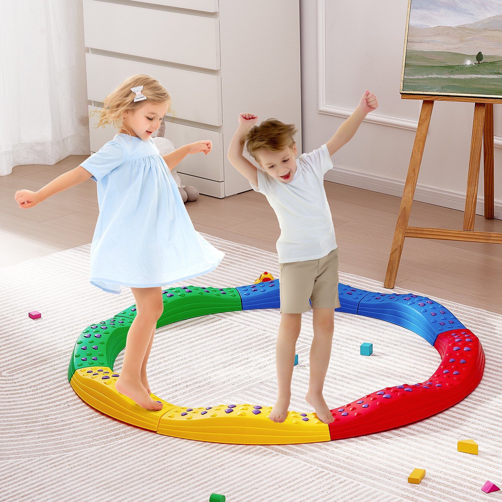 VEVOR Trave di Equilibrio Colorata Impilabile Antiscivolo 8 Pezzi Pietre d'Equilibrio per Bambini 2-6 Anni, Superficie Testurizzata Antiscivolo e Cuscinetti in Gomma, Gioco all'Interno o all'Aperto