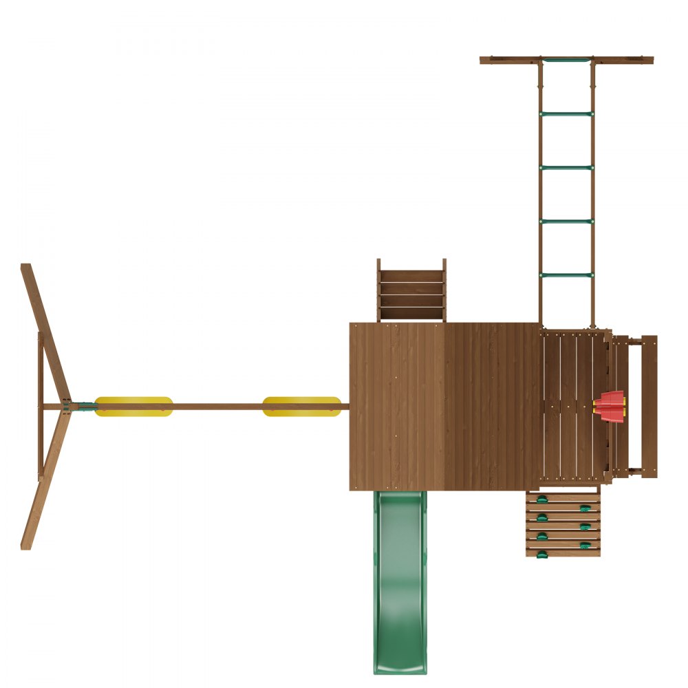 VEVOR Wooden Swing Set 10 in 1 Playground Set for Backyards, 2 Swings, Trapezoidal Bar, 1.8 m Slide, Large Top Fortress, Flat Step Ladder, Climbing Wall, Picnic Table, Sandpit, Storm Ladder