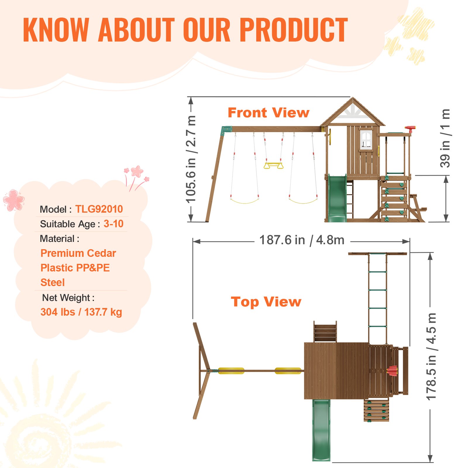 VEVOR Wooden Swing Set 10 in 1 Playground Set for Backyards, 2 Swings, Trapezoidal Bar, 1.8 m Slide, Large Top Fortress, Flat Step Ladder, Climbing Wall, Picnic Table, Sandpit, Storm Ladder