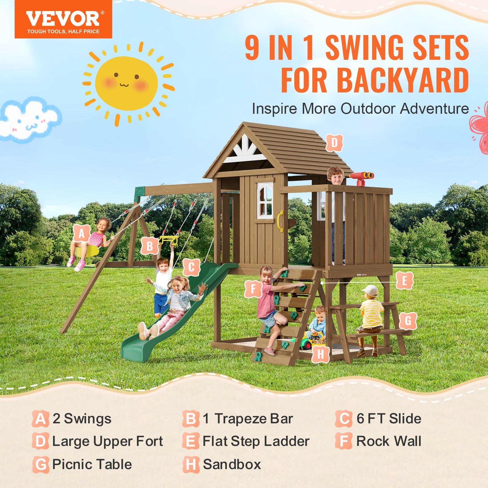 VEVOR Wooden Swing Set, 9 in 1 Outdoor Garden Playground Set, 2 Swings, Trapezoidal Bar, 1.8m Slide, Large Top Fortress with Kitchen Toys, Flat Step Ladder, Climbing Wall, Picnic Table
