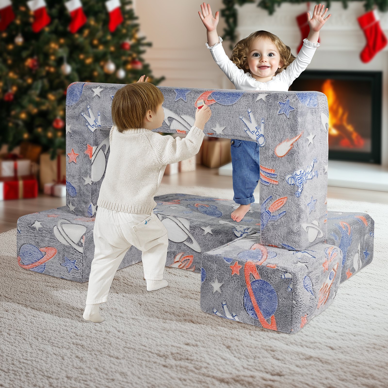 VEVOR Play Sofa, Children's Sofa made of 25D Foam, Building Blocks, 10-Piece Set, Children's Play Sofa with Removable Cover, 90 kg Load Capacity, Convertible Children's Sofa, Playroom Furniture, Glows in the Dark