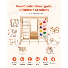 VEVOR Palestra da Interno, Parco Giochi per Bambini, 109 x 120 x 119,5 cm, con Scala in Legno e Corda, Scala a Rete, Altalena, Barra di Scimmia, Scivolo, Parete da Arrampicata, Giocattoli in Legno