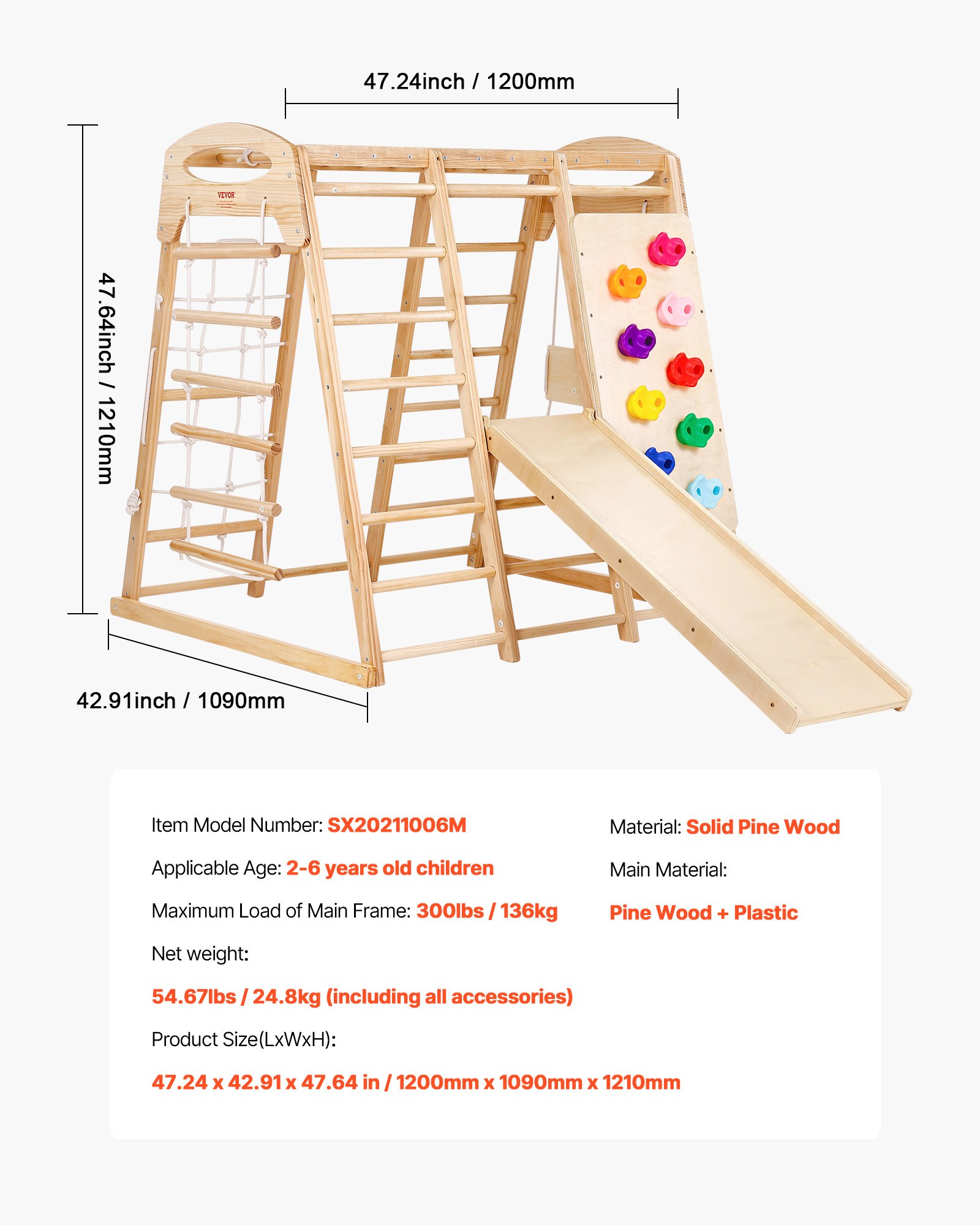 VEVOR Palestra da Interno, Parco Giochi per Bambini, 109 x 120 x 119,5 cm, con Scala in Legno e Corda, Scala a Rete, Altalena, Barra di Scimmia, Scivolo, Parete da Arrampicata, Giocattoli in Legno