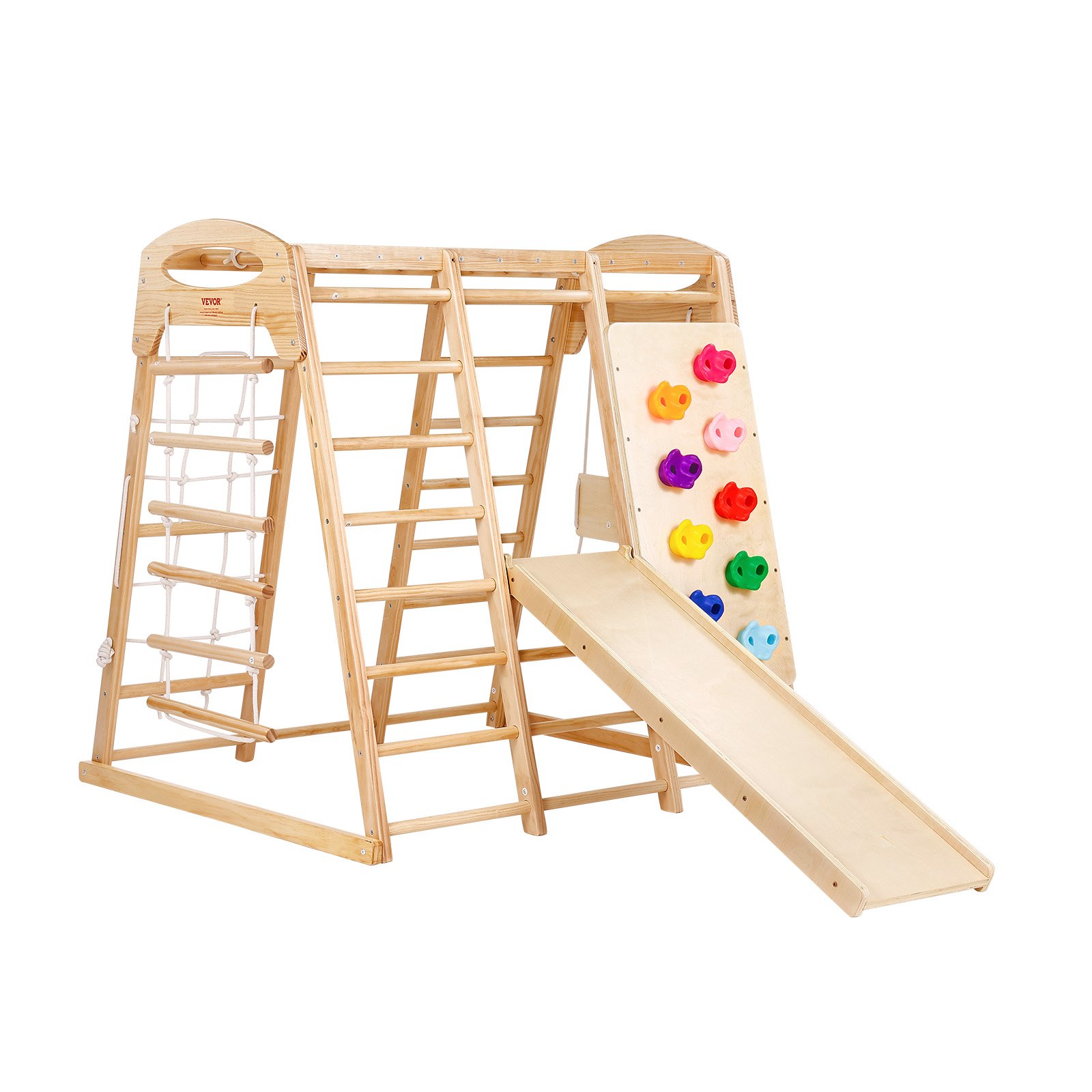 VEVOR Indoor Jungle Gym, 7-in-1 Toddler Indoor Playground, 109 x 120 x 119.5 cm, with Wood and Rope Ladder, Net Ladder, Swing, Monkey Bar, Slide, Climbing Wall, Wooden Indoor Climbing Toys for Kids