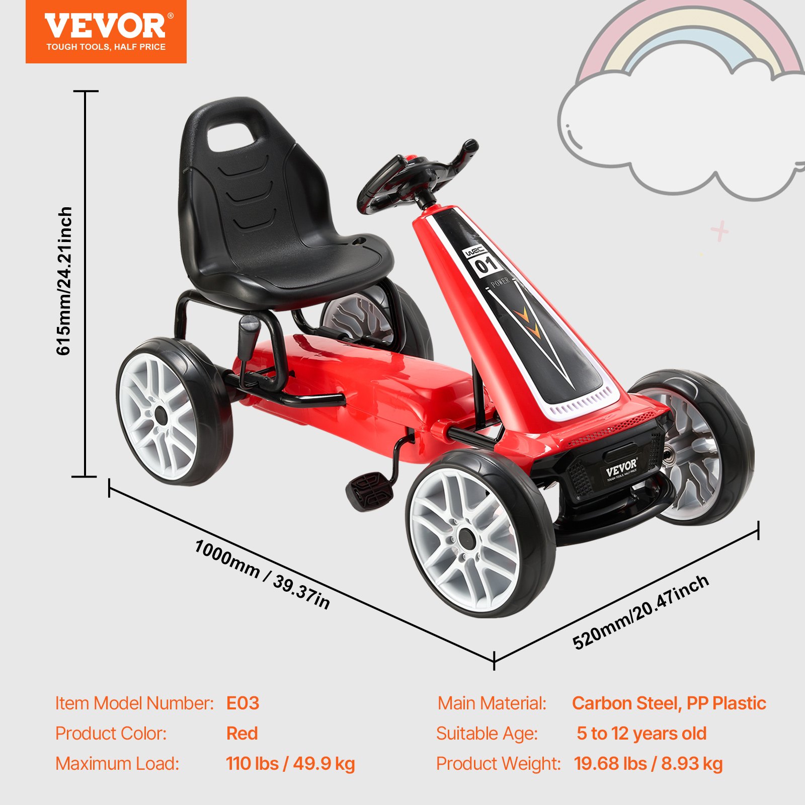 VEVOR Go-Kart Veicolo per Bambini Macchinina a Pedali Volante Rosso con 4 Ruote