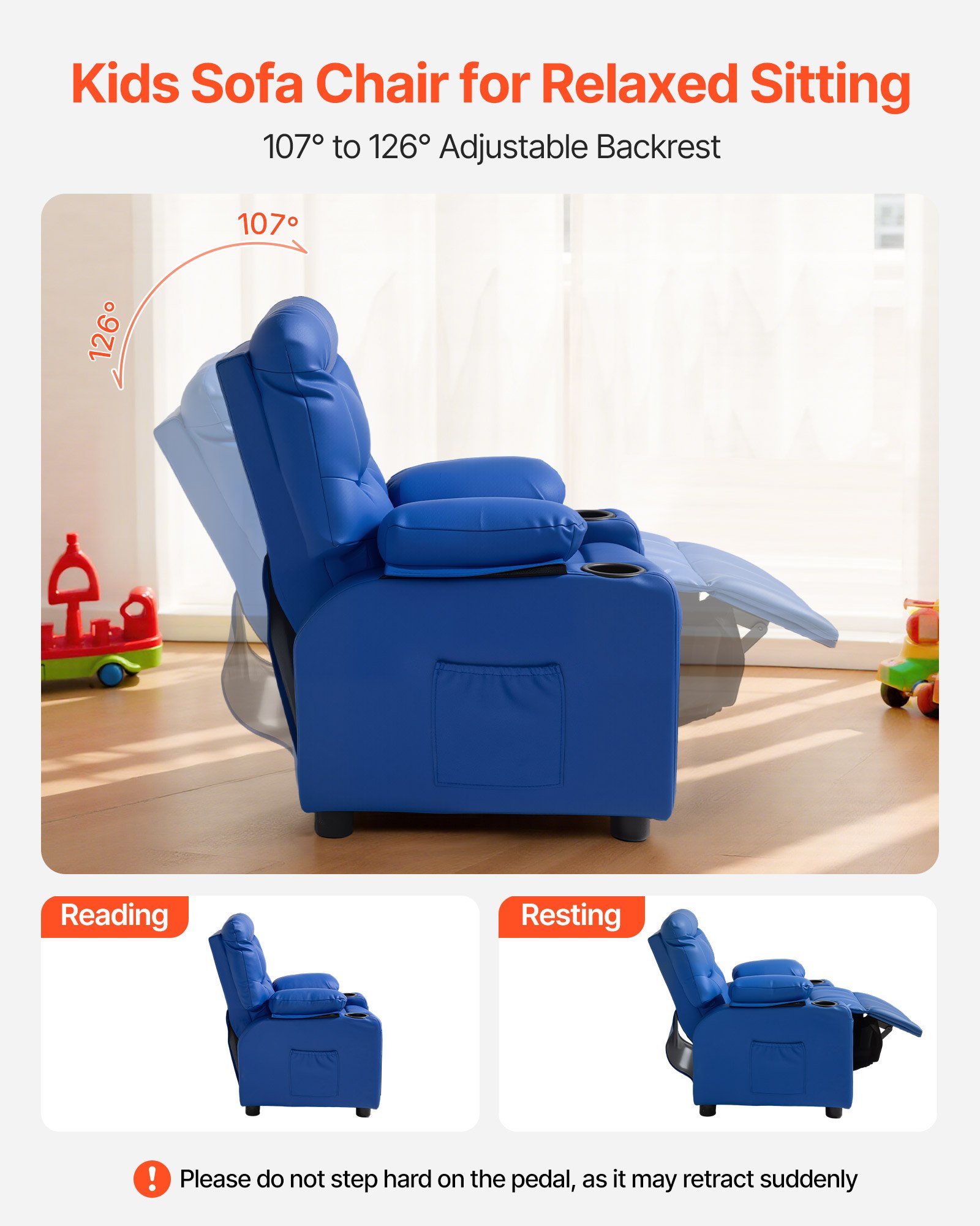 VEVOR Poltrona Reclinabile per Bambini Sedia Ergonomica e Rilassante con 2 Portabicchieri, 4 Tasche e Poggiapiedi, Schienale Regolabile da 107° a 126°, Similpelle Facile da Pulire, per Cameretta, Blu