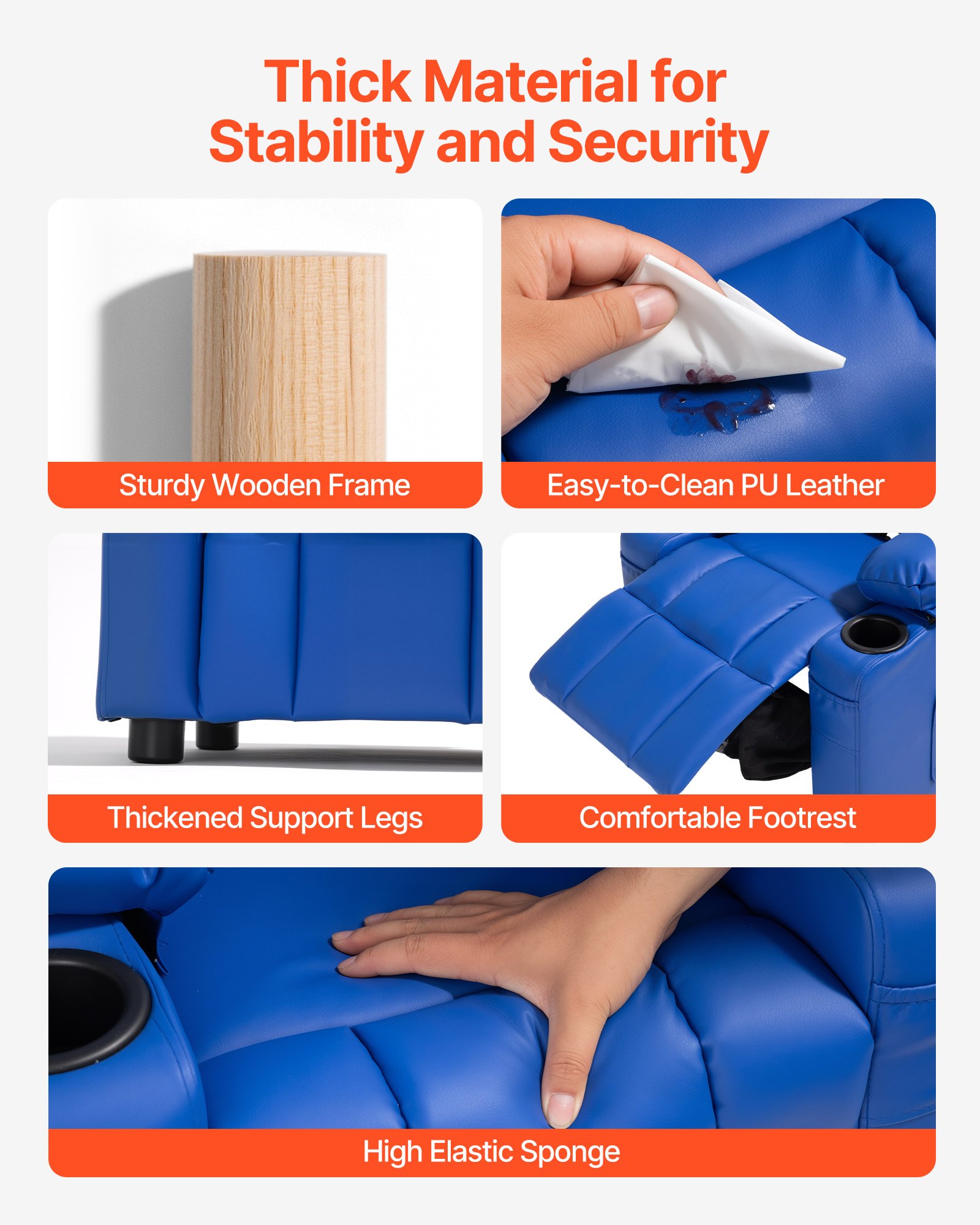 VEVOR Poltrona Reclinabile per Bambini Sedia Ergonomica e Rilassante con 2 Portabicchieri, 4 Tasche e Poggiapiedi, Schienale Regolabile da 107° a 126°, Similpelle Facile da Pulire, per Cameretta, Blu