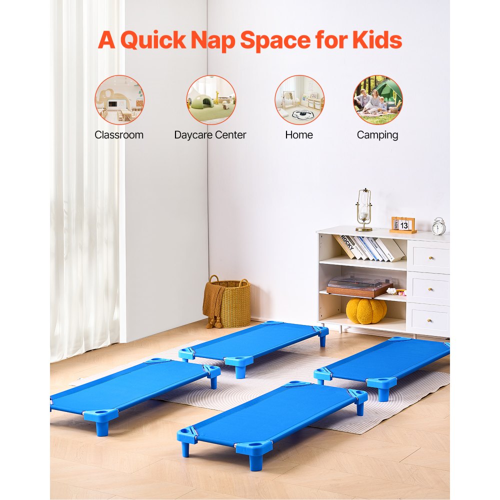 VEVOR Stackable Children's Bed, 4-Pack Portable Toddler Sleeping Beds, Standard Size 130 x 57 x 15 cm, Daycare Beds, Preschool Classroom Beds for Sleeping, Resting, and Naps, Blue
