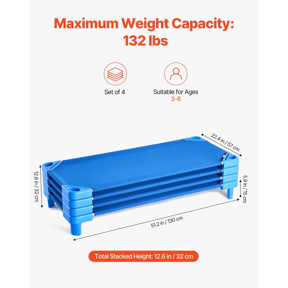 VEVOR Lettino Impilabile per Bambini, 4 Pezzi, Letti per Dormire Portatili, Misura Standard 130 x 57 cm Letti per Asilo Nido per Bambini, per Aule Prescolari, per Dormire, Riposare, pisolino, Blu