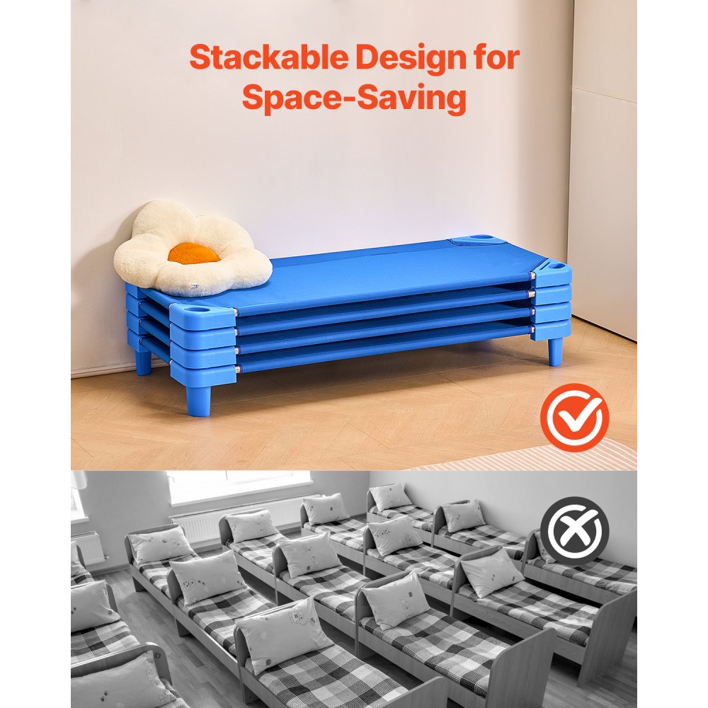 VEVOR Lettino Impilabile per Bambini, 4 Pezzi, Letti per Dormire Portatili, Misura Standard 130 x 57 cm Letti per Asilo Nido per Bambini, per Aule Prescolari, per Dormire, Riposare, pisolino, Blu