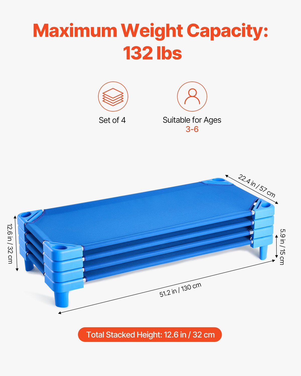 VEVOR Lettino Impilabile per Bambini, 4 Pezzi, Letti per Dormire Portatili, Misura Standard 130 x 57 cm Letti per Asilo Nido per Bambini, per Aule Prescolari, per Dormire, Riposare, pisolino, Blu