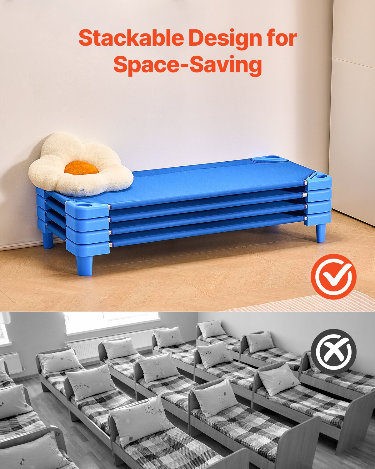 VEVOR Lettino Impilabile per Bambini, 4 Pezzi, Letti per Dormire Portatili, Misura Standard 130 x 57 cm Letti per Asilo Nido per Bambini, per Aule Prescolari, per Dormire, Riposare, pisolino, Blu