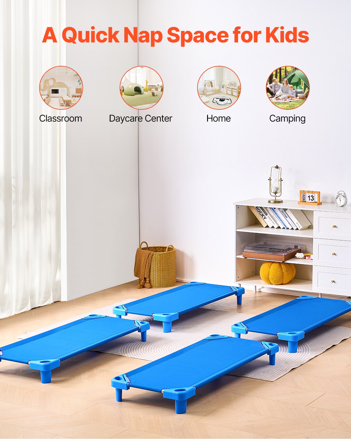 VEVOR Lettino Impilabile per Bambini, 4 Pezzi, Letti per Dormire Portatili, Misura Standard 130 x 57 cm Letti per Asilo Nido per Bambini, per Aule Prescolari, per Dormire, Riposare, pisolino, Blu